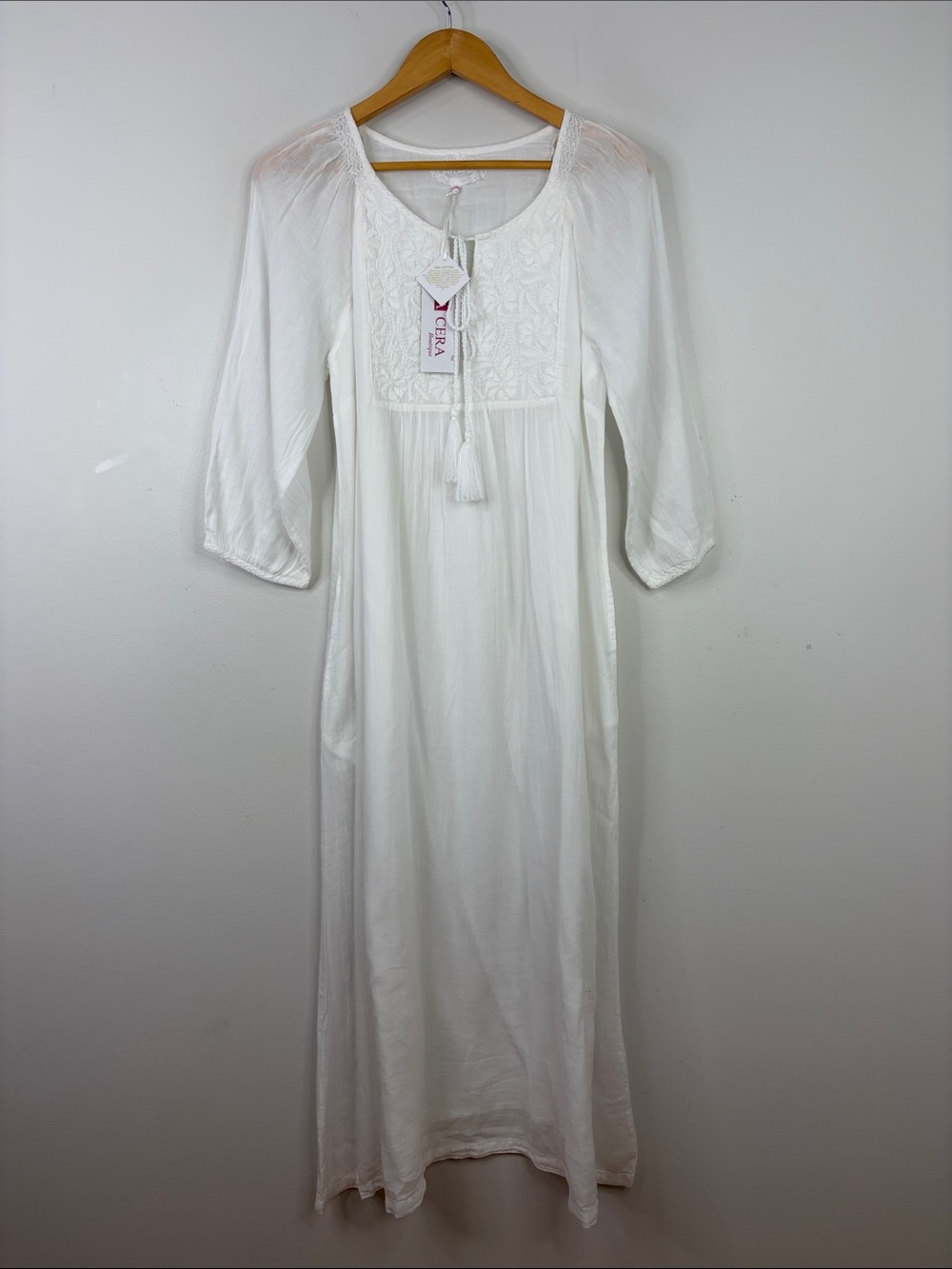 New La Cera Cotton Nightgown Womens Medium White Embroidered Tassel Victorian
